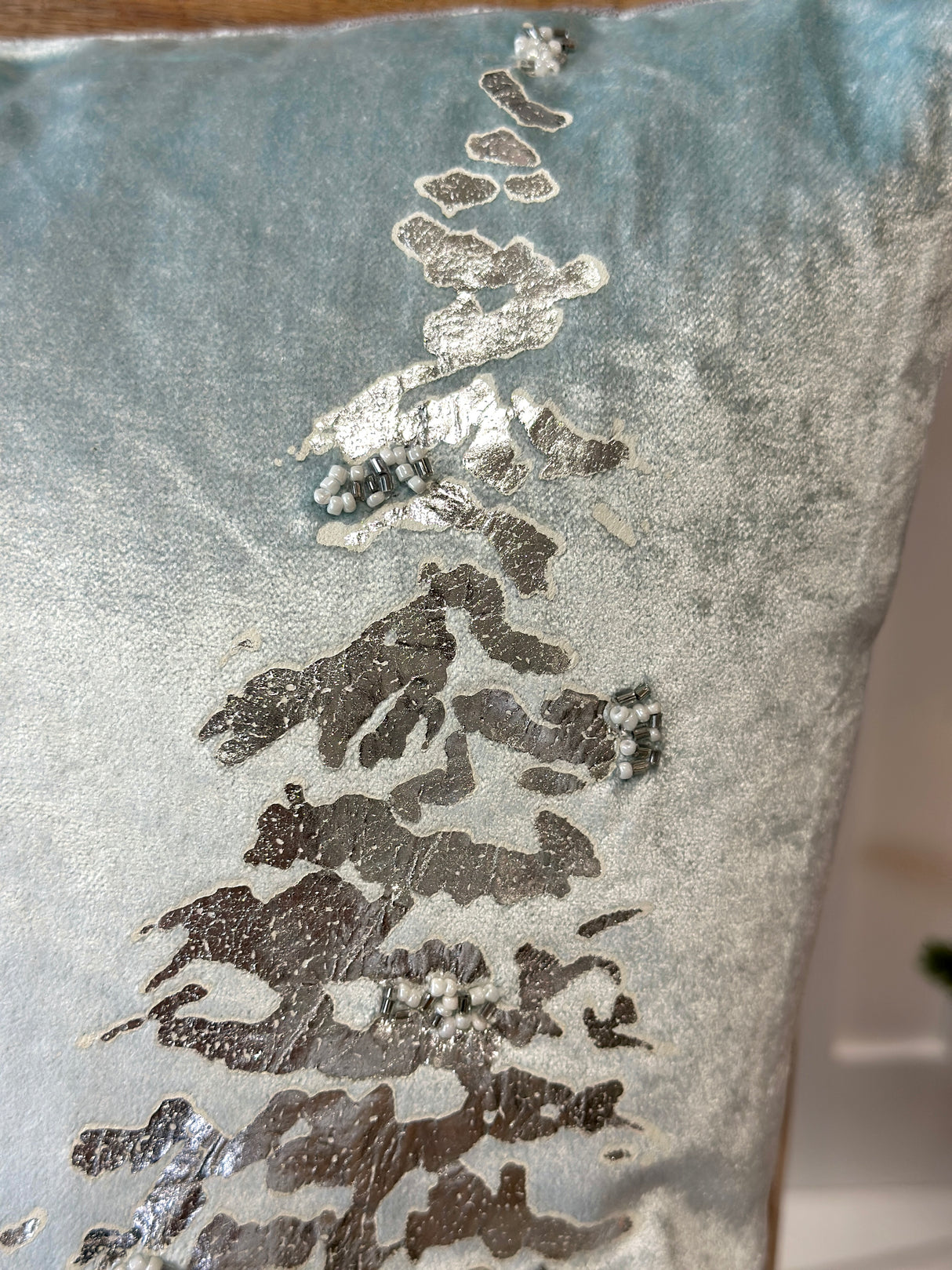Silver Foil Trees & Beaded Snowflakes Velvet Pillow