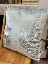 Silver Foil Trees & Beaded Snowflakes Velvet Pillow