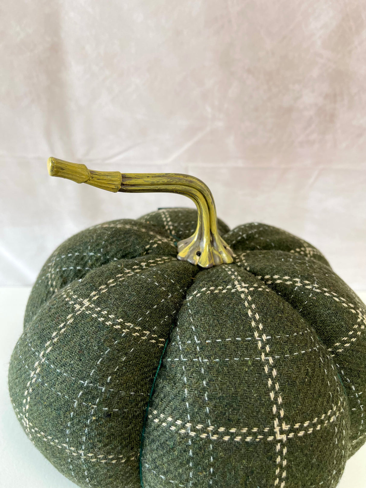 8" Green & Tan Plaid Fabric Pumpkin