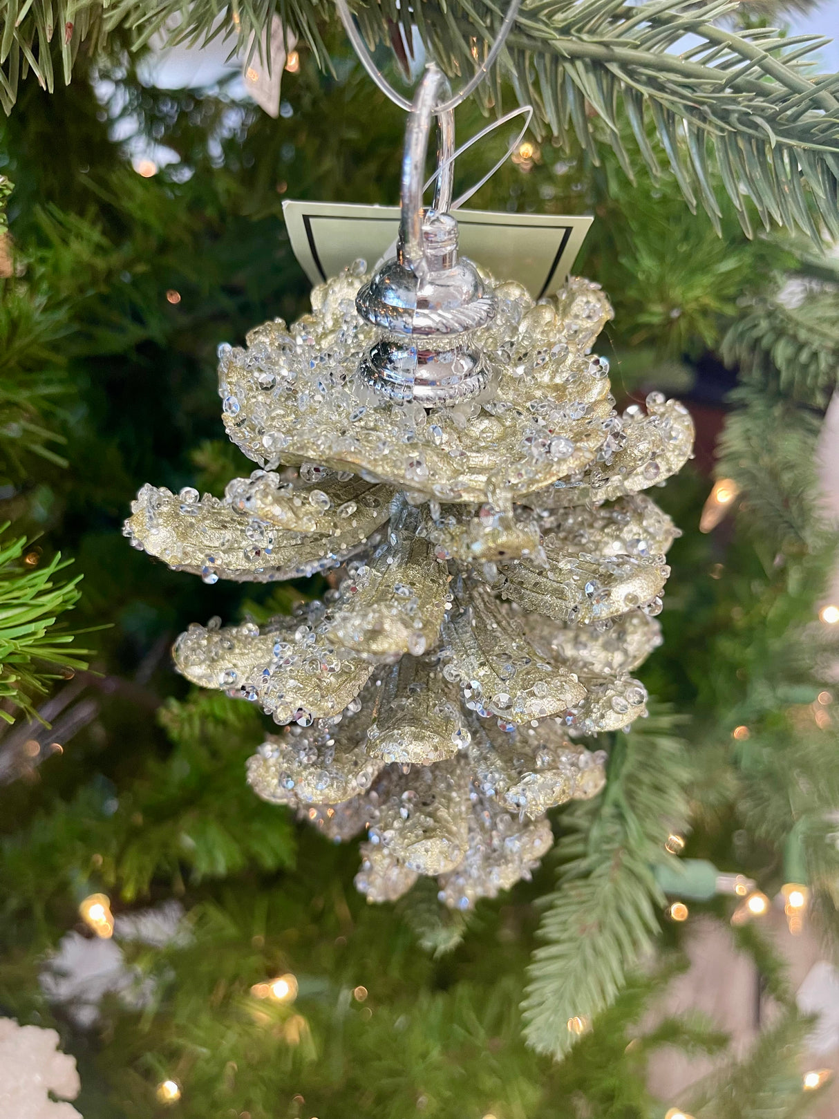 Small Platinum Iced Pinecone Ornament