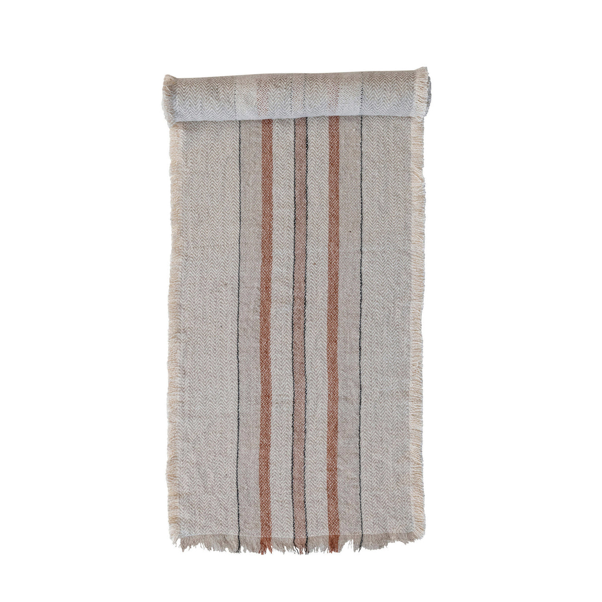 Cream Woven Table Runner w/ Stripes & Fringe