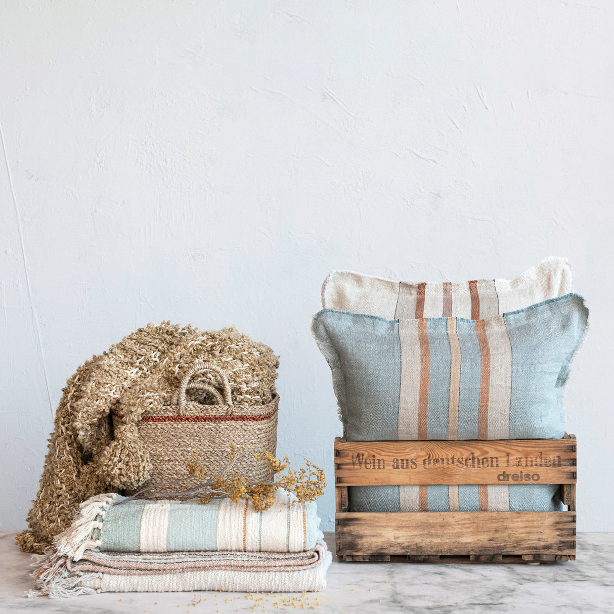 Cream Woven Table Runner w/ Stripes & Fringe