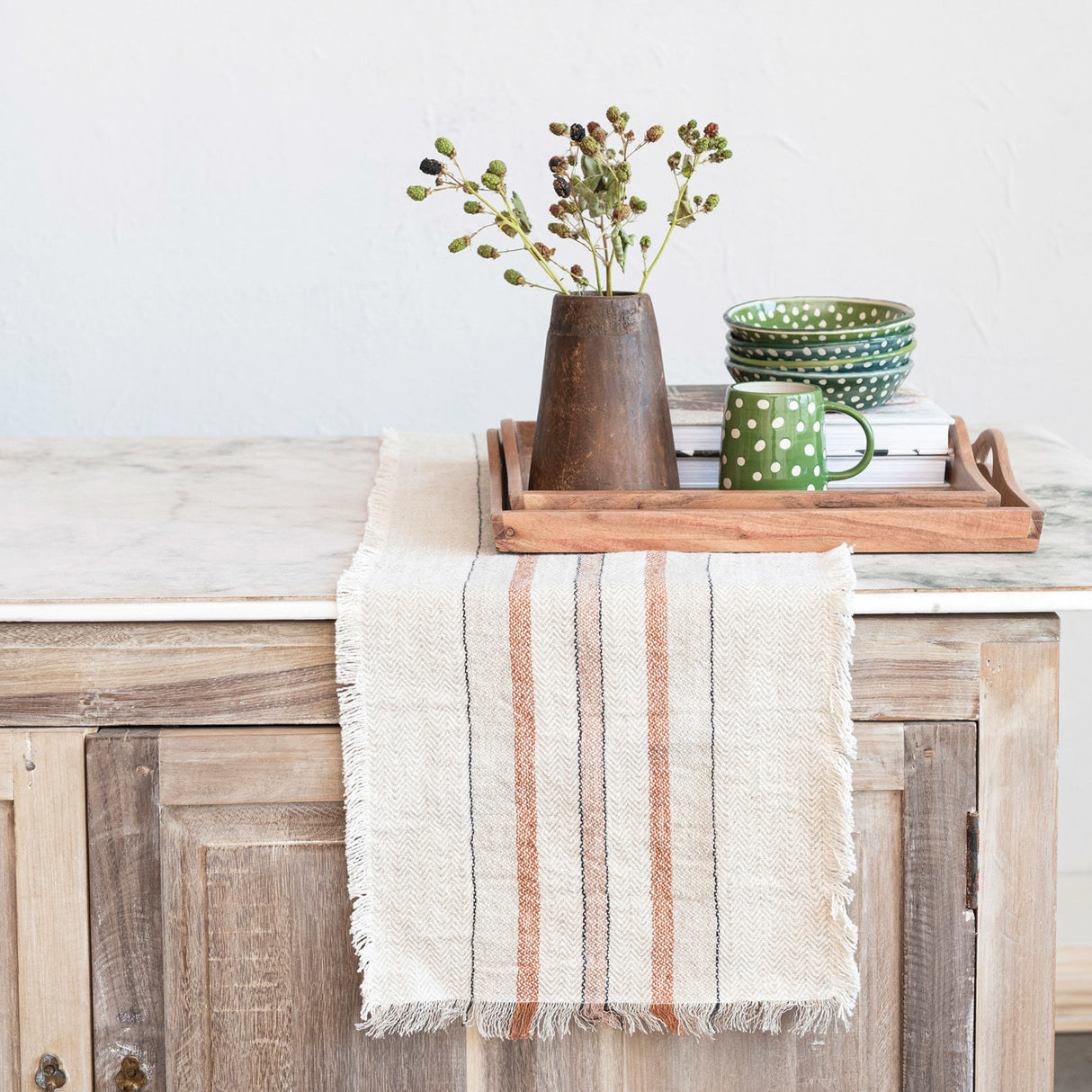 Cream Woven Table Runner w/ Stripes & Fringe