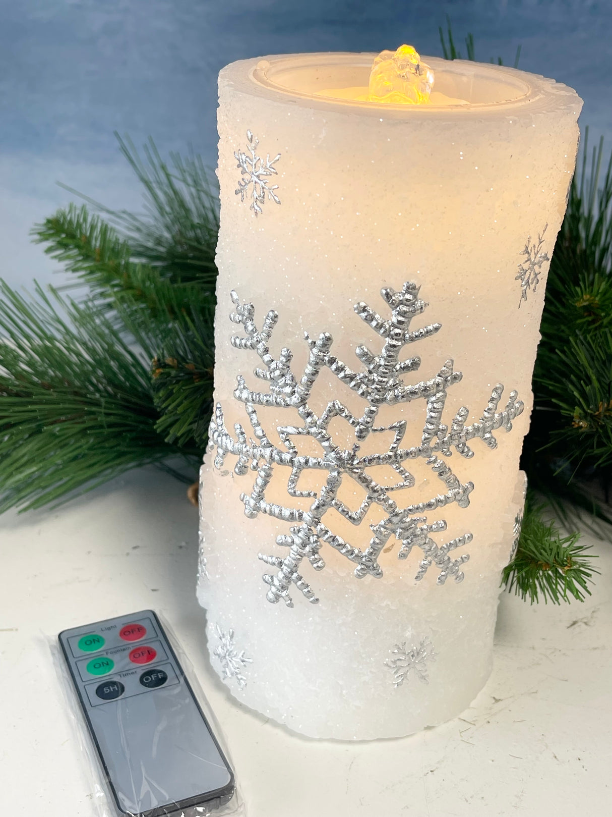 Silver Snowflake Fountain Candle