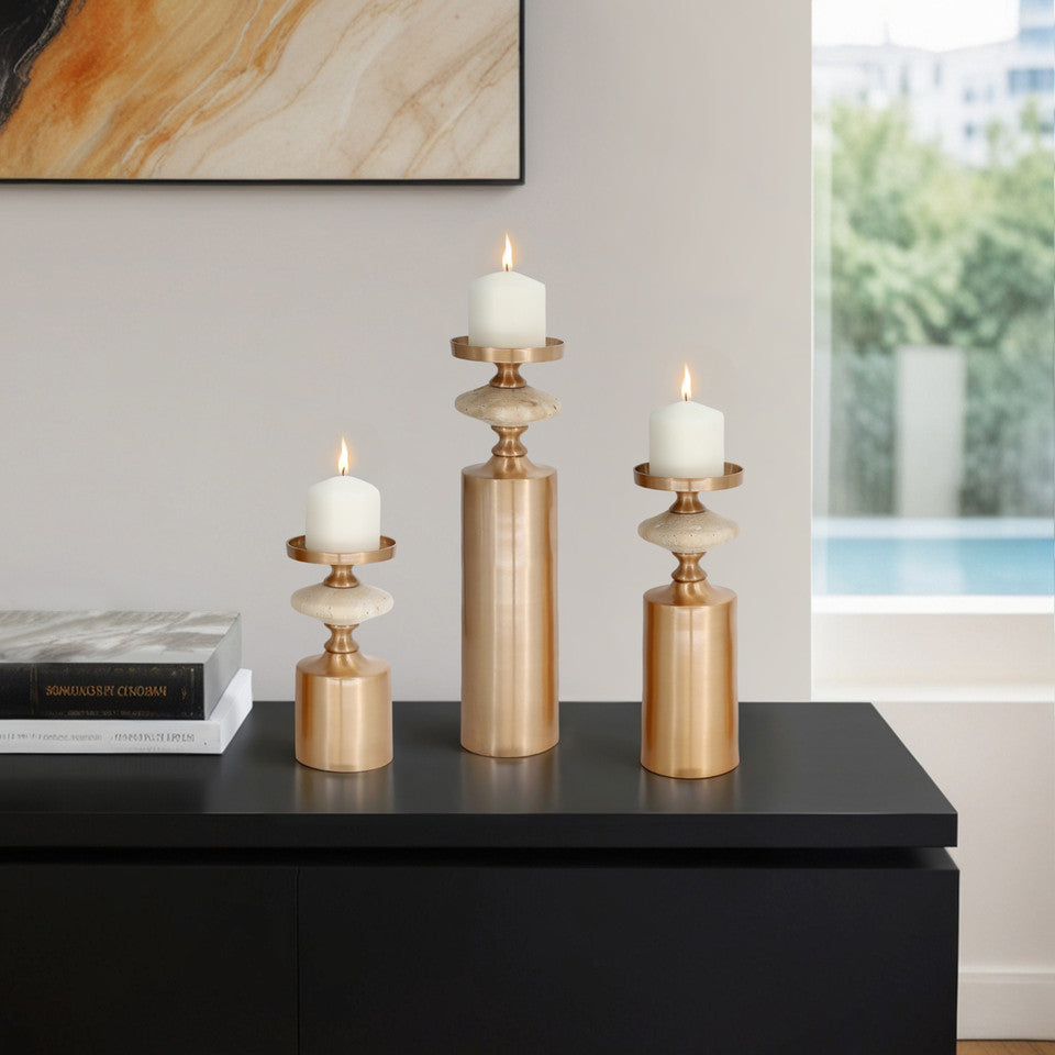 Leiden Champagne Travertine Candleholder -3 Sizes
