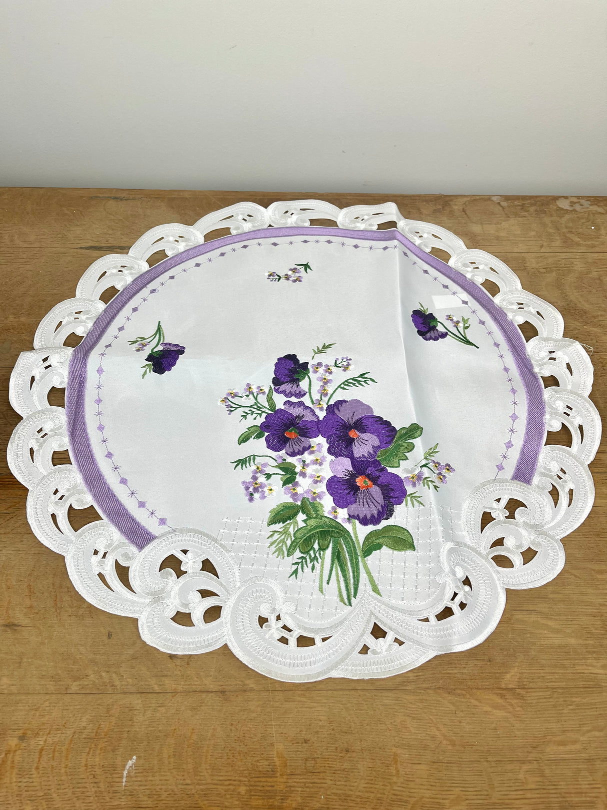 Pansy Embroidered Circle Table Centerpiece