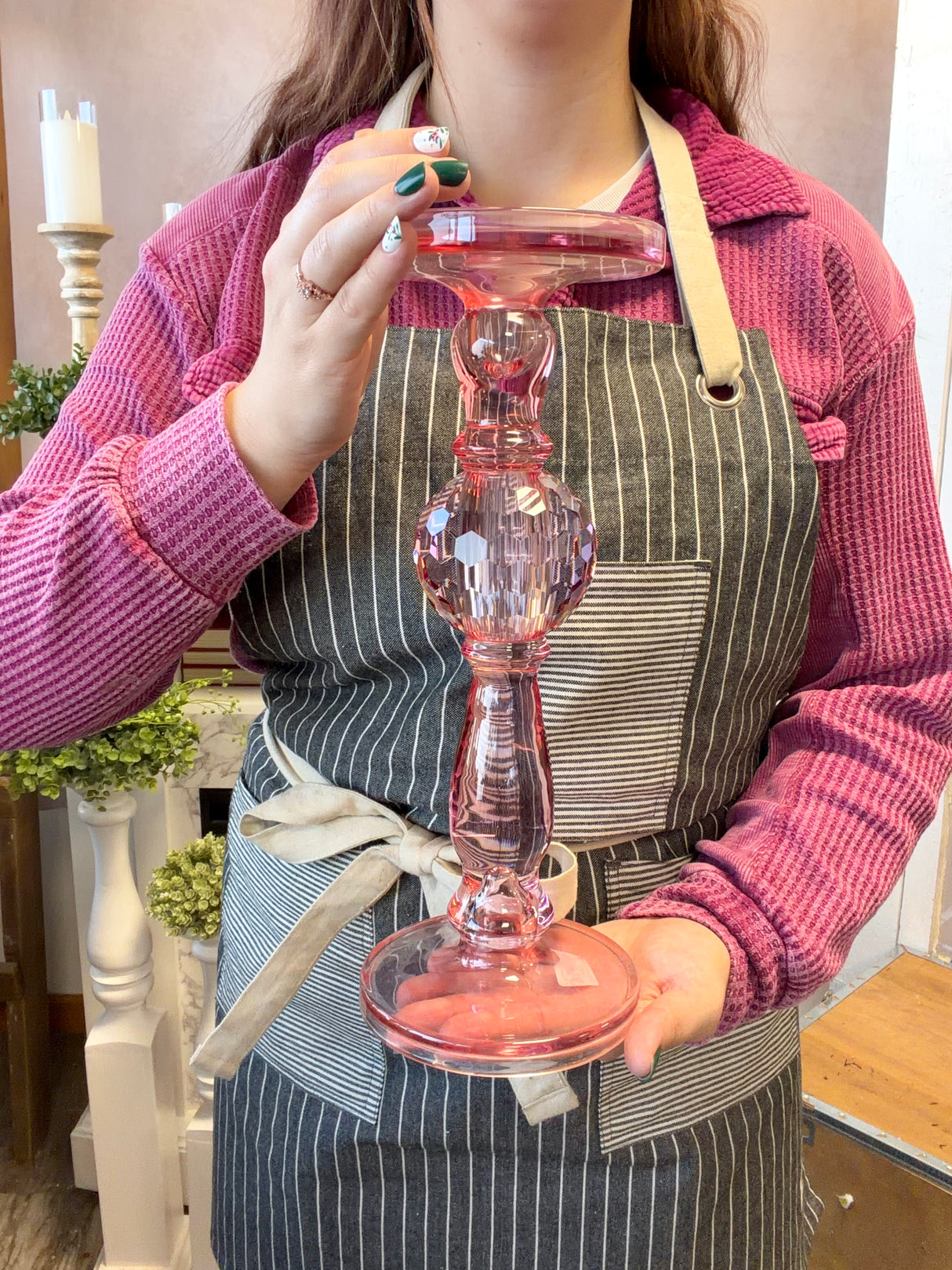 13" Pink Glass Candleholder