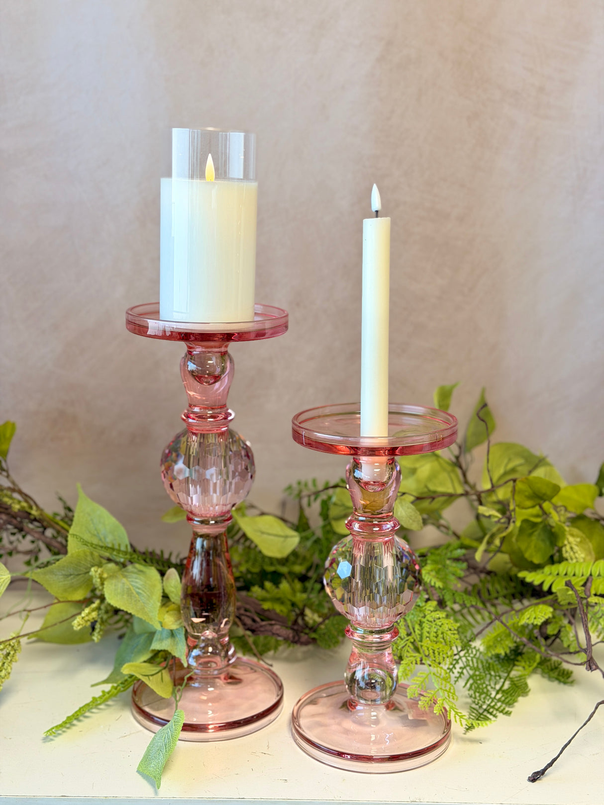 13" Pink Glass Candleholder