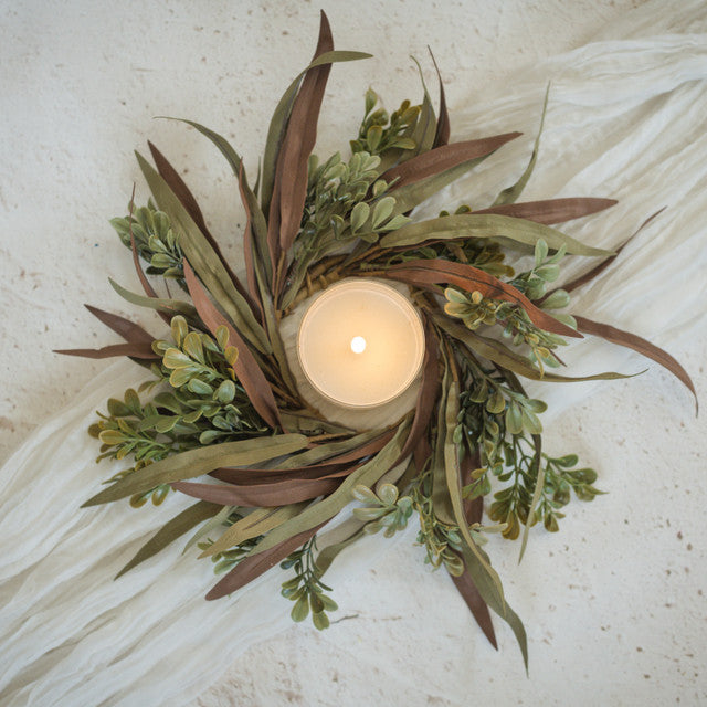 12" Brown & Green Mixed Leaf Candle Ring