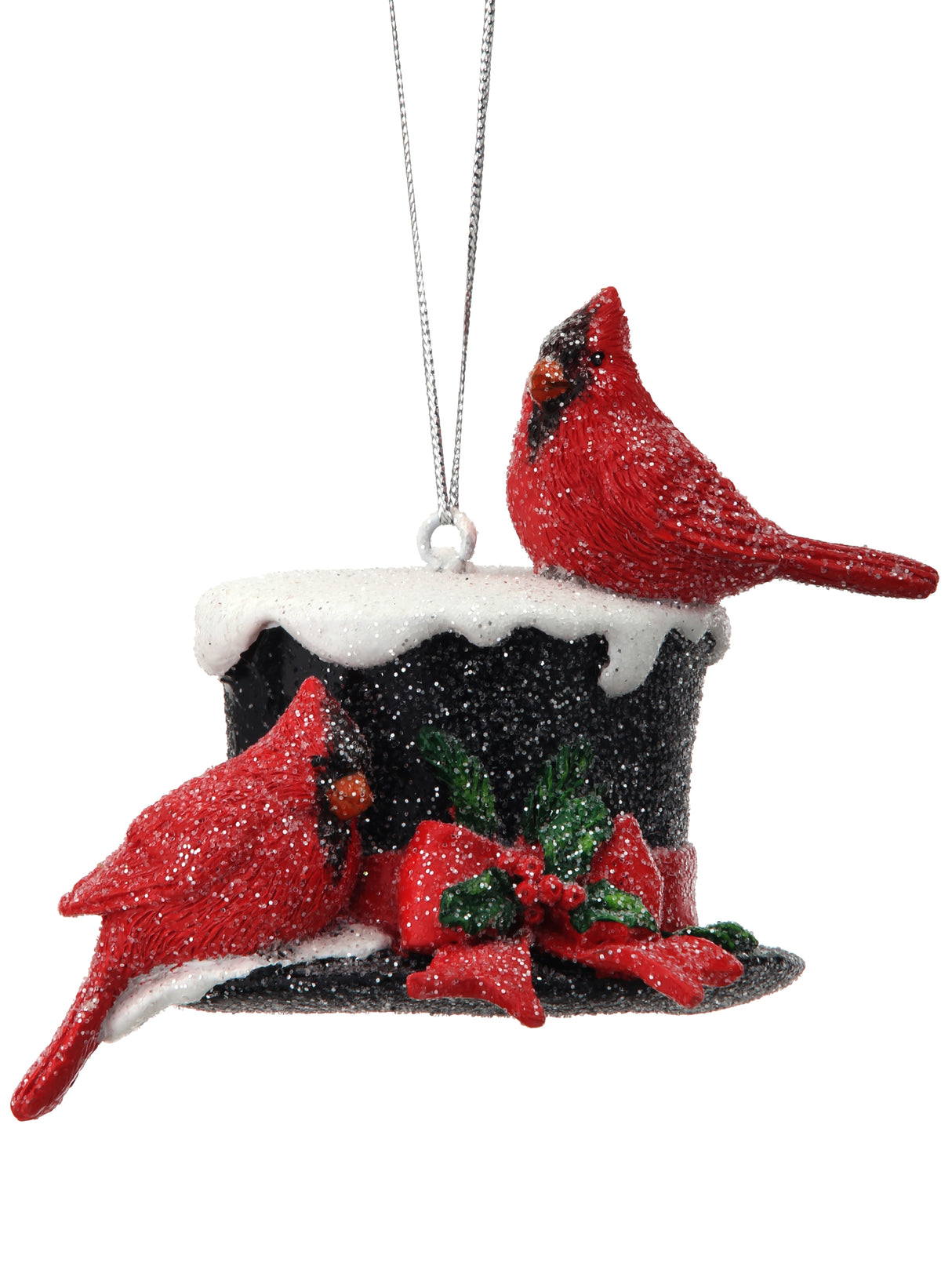 Resin Cardinals On Snowman Hat Ornament