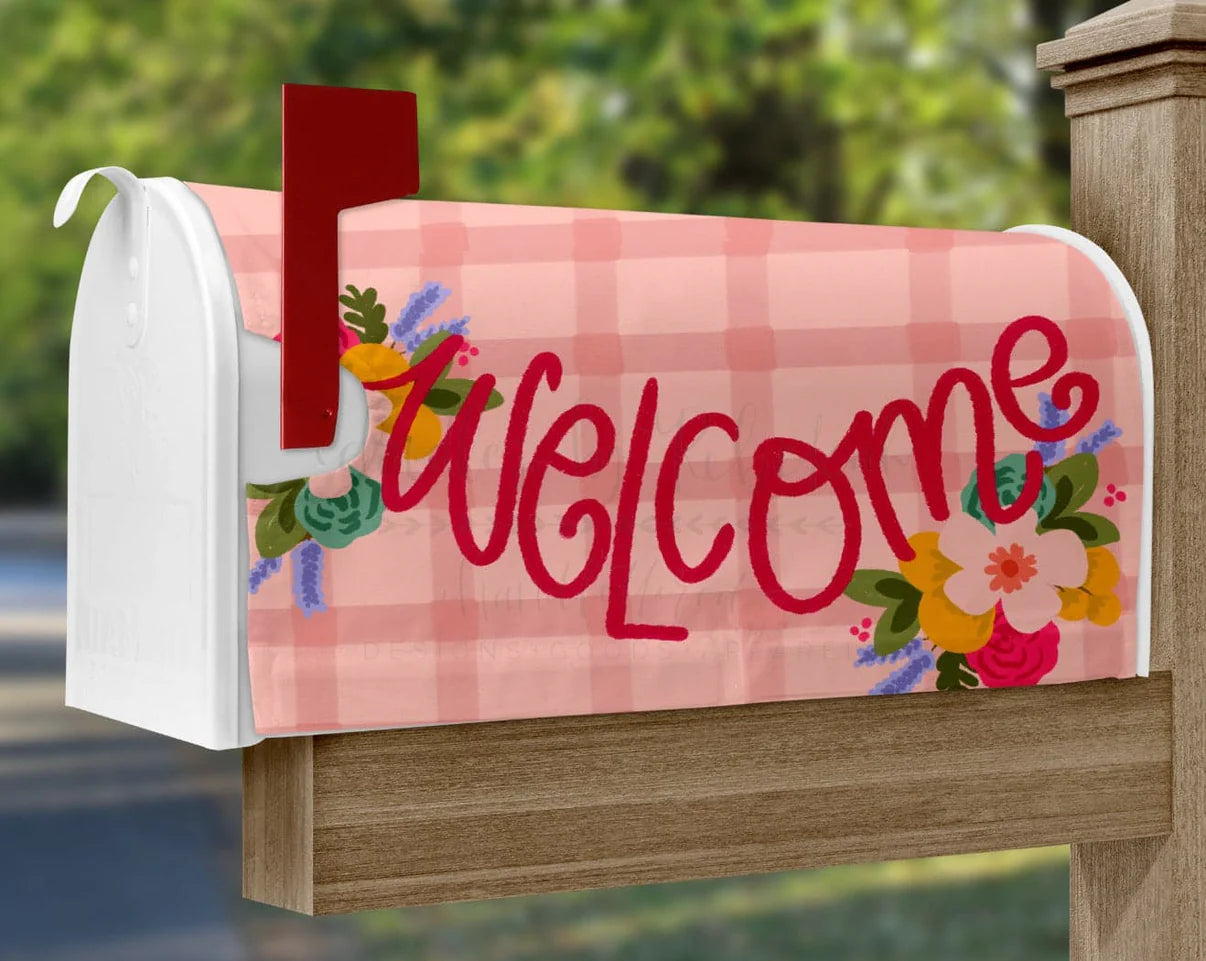 Welcome Pink Plaid Mailbox Cover