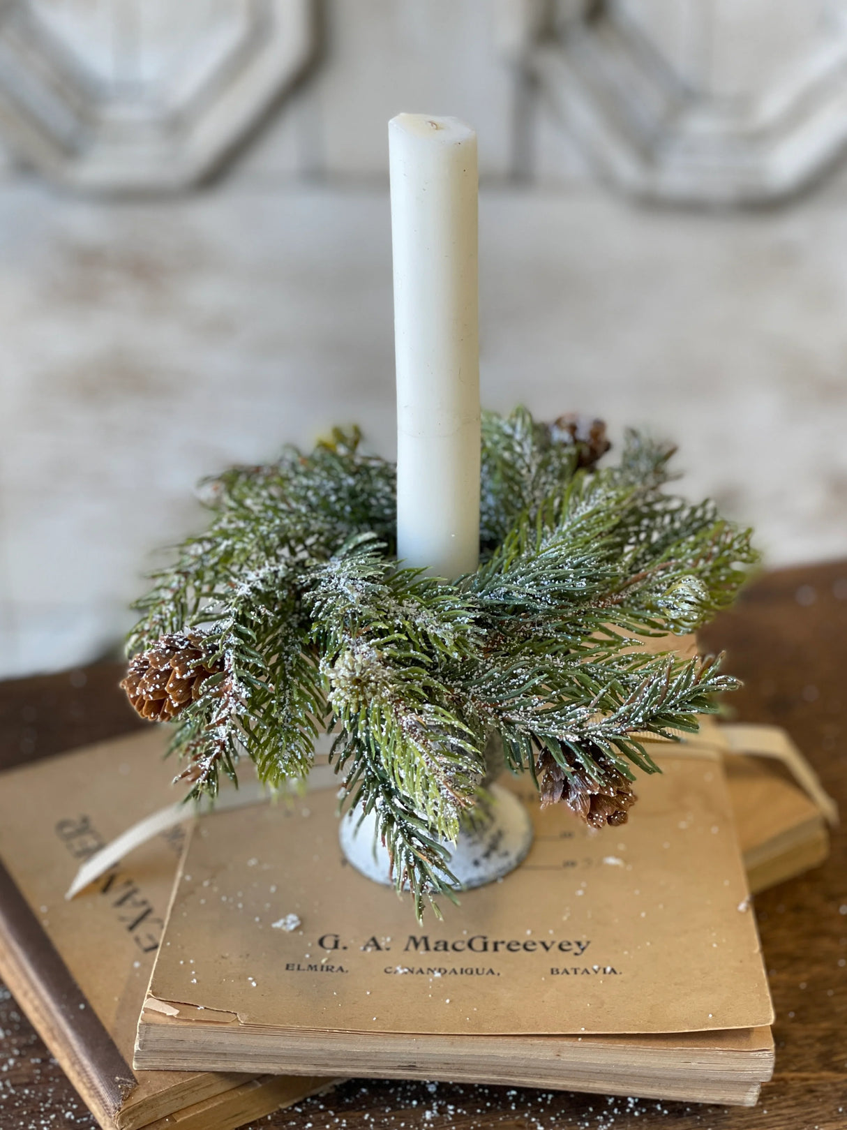 Frosted White Spruce Candle Ring