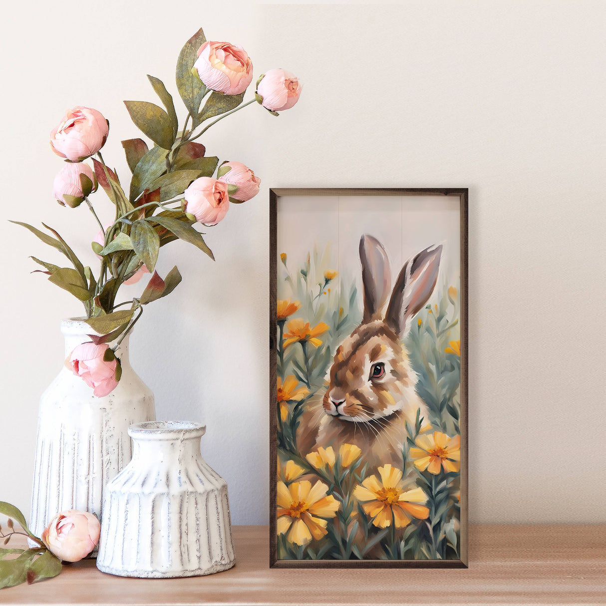 16" Bunny In Marigolds Field Wood Art