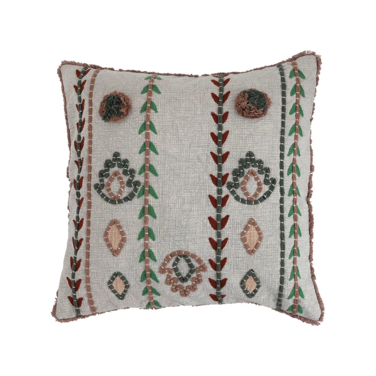 20" Cotton Pillow w/ Embroidery, Chambray Back & Fringe, Polyester Fill