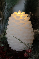 6.5" White Snowy LED Pinecone Candle