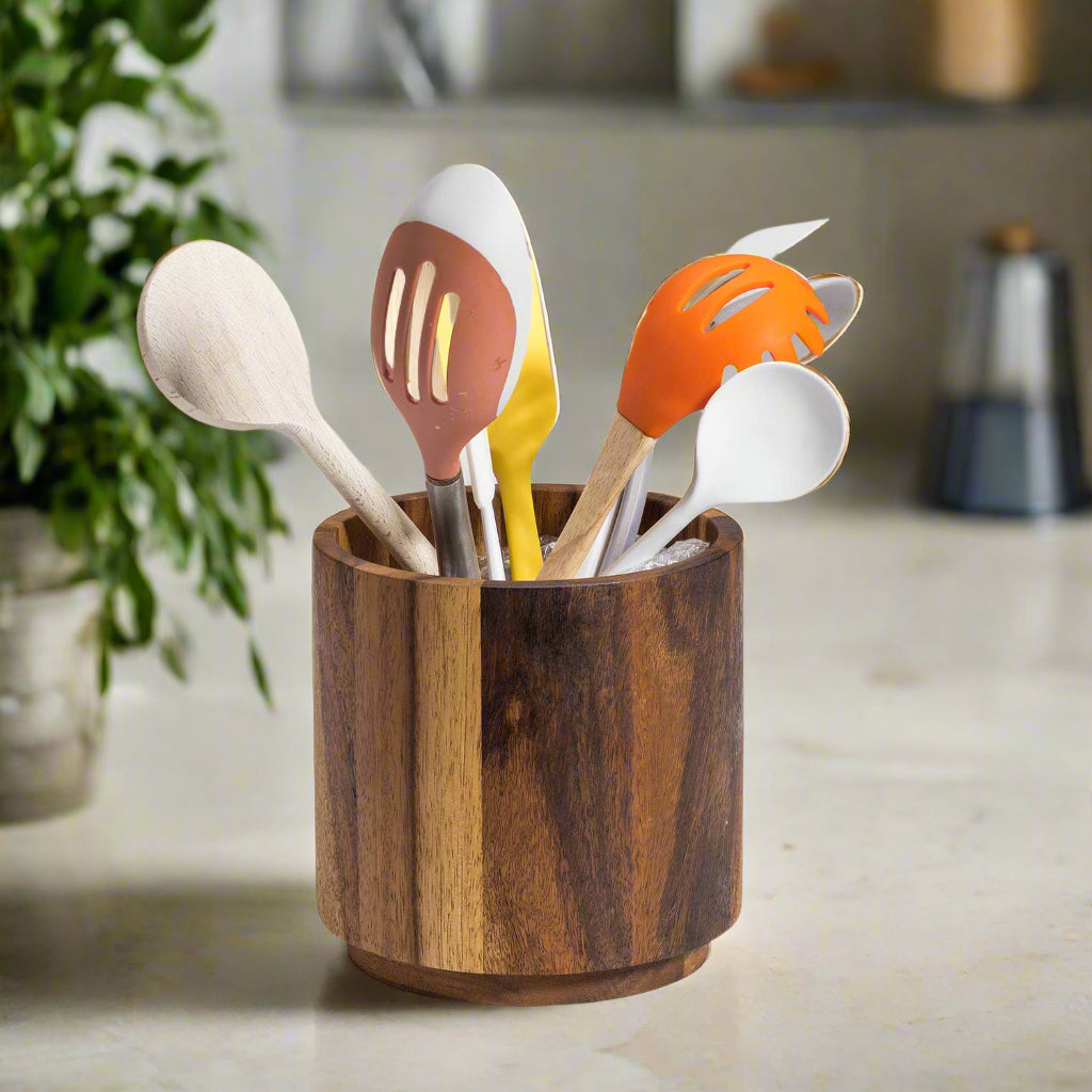 Large Acacia Lazy Susan Utensil Holder