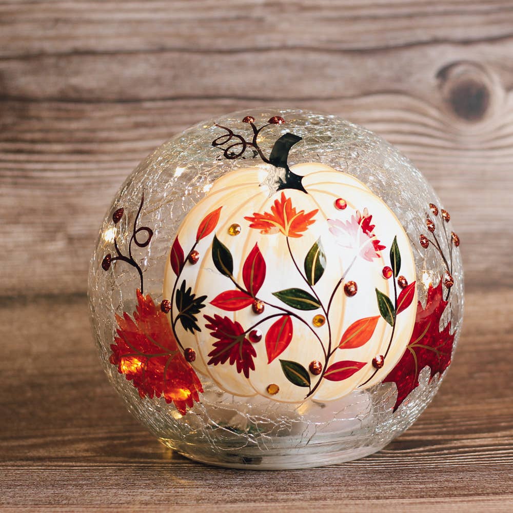 White Pumpkin Branch Lighted Glass Orb
