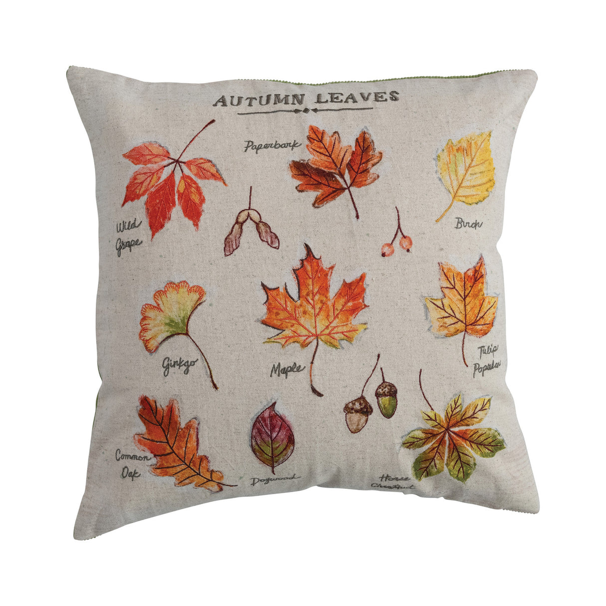 20" Square Pillow with Fall Leaves, Embroidery & Corduroy Back ©