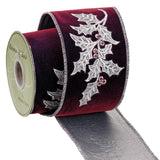 4" Holly Embroidered Cherry Velvet Ribbon Bolt
