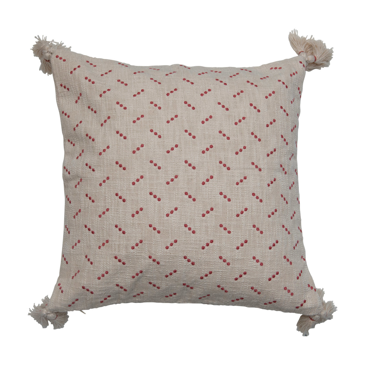 20" Cotton Slub Pillow with Embroidery & Tassels