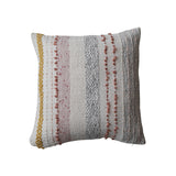 18" Square Woven Cotton Blend Pillow w/ Stripes & Embroidery