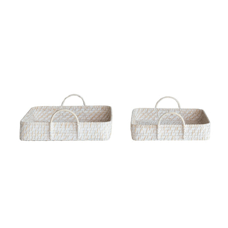 Hand-Woven Bamboo Trays, White, Set of 2