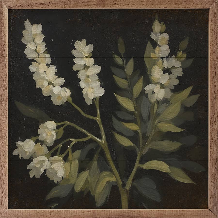 White Floral Prints On Black Wood Art