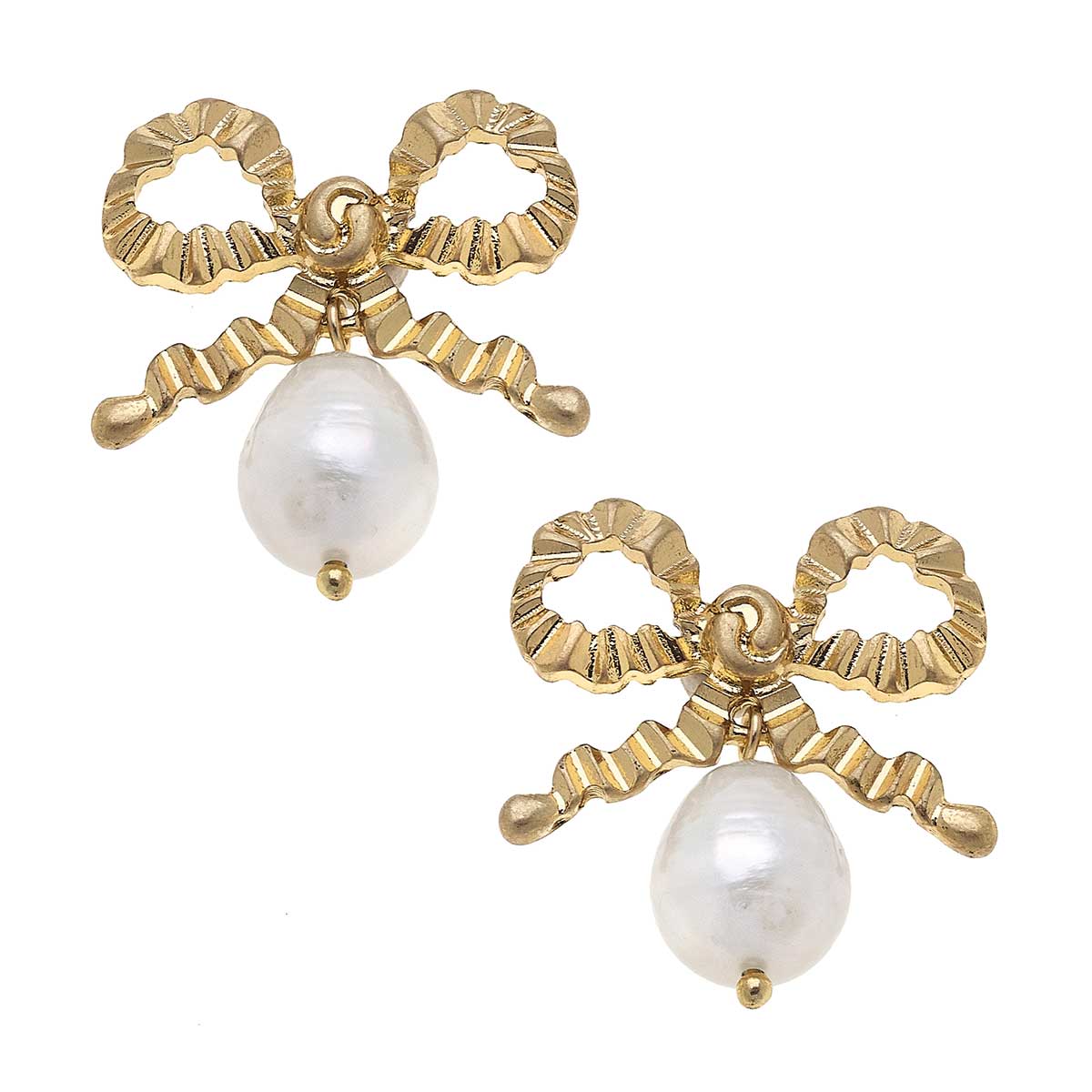 Kate Bow & Pearl Drop Earrings in Worn Gold