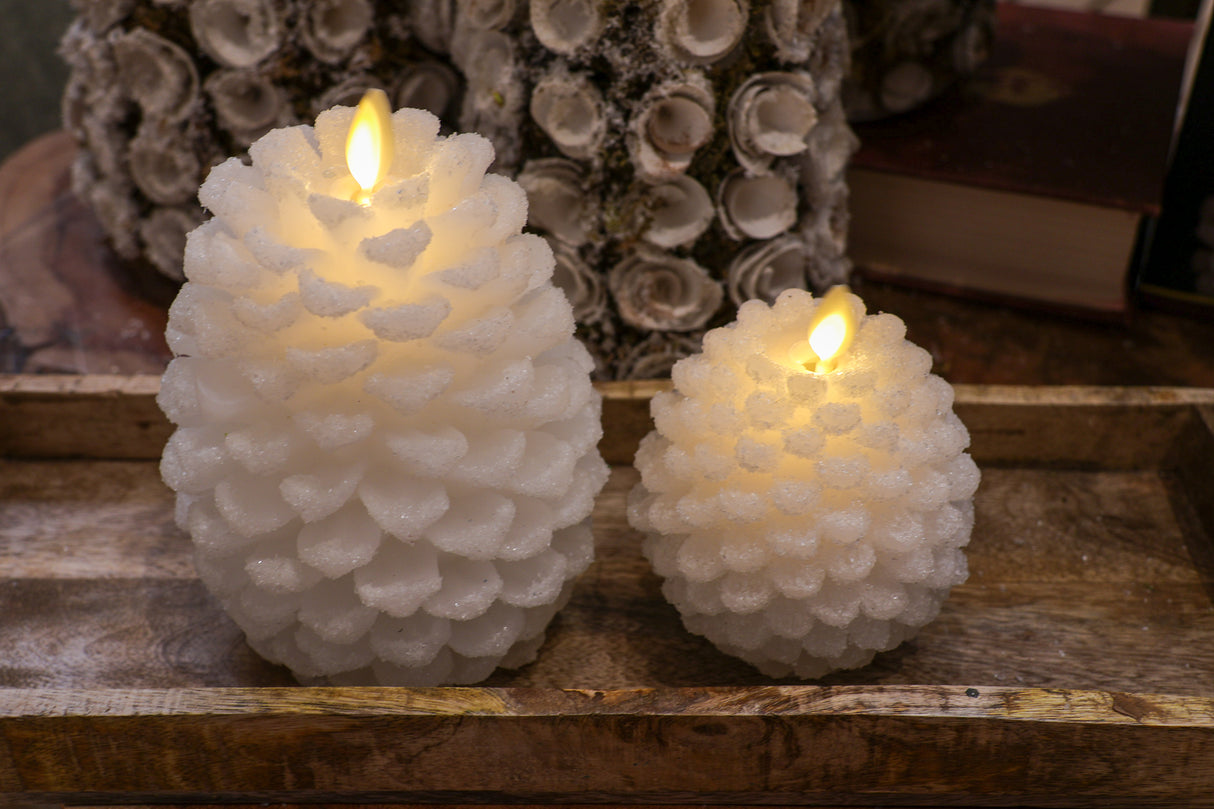 6.5" White Snowy LED Pinecone Candle