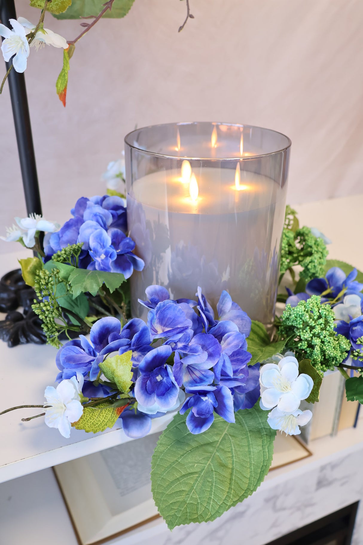 16" Blue Garden Hydrangea Candle Ring