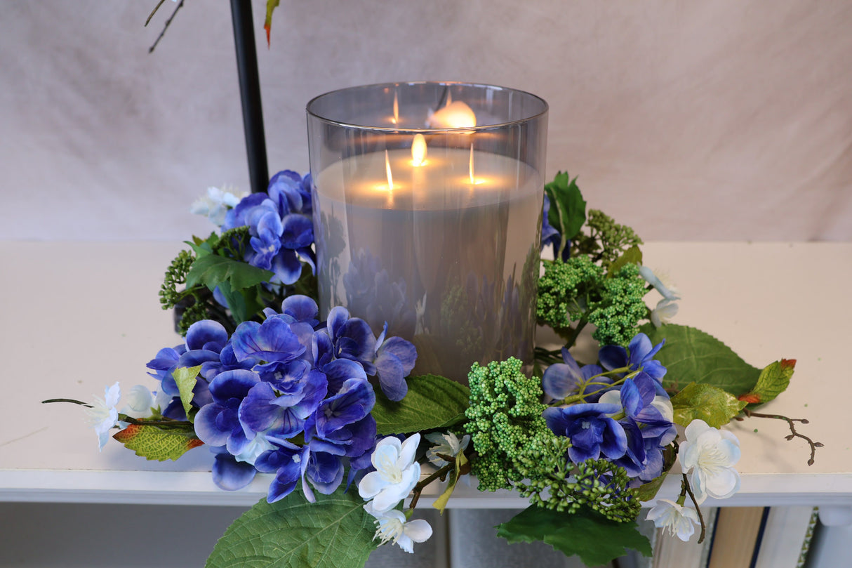 16" Blue Garden Hydrangea Candle Ring