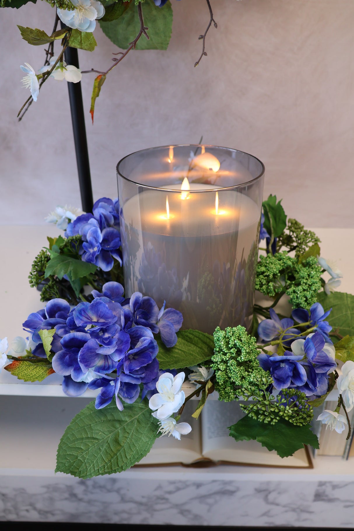 16" Blue Garden Hydrangea Candle Ring