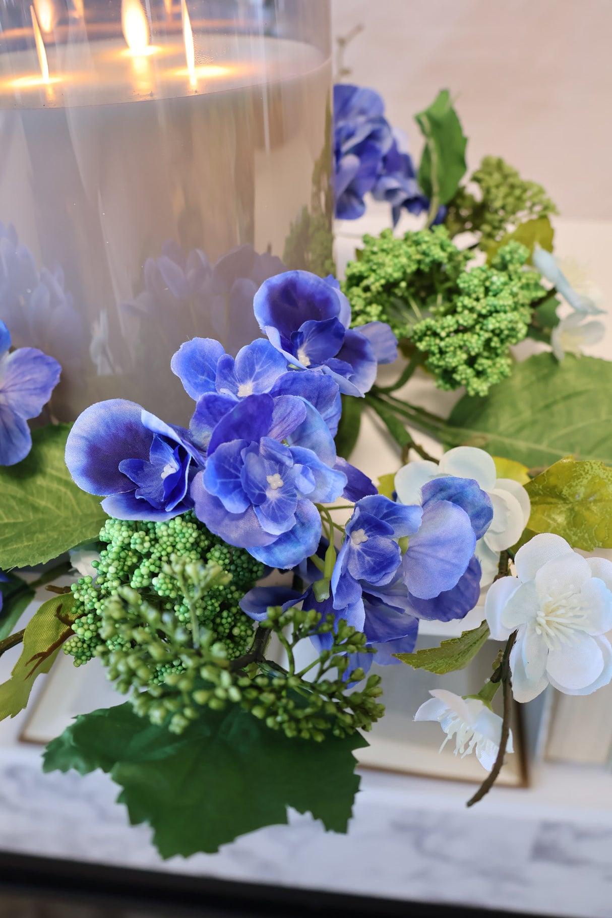 16" Blue Garden Hydrangea Candle Ring