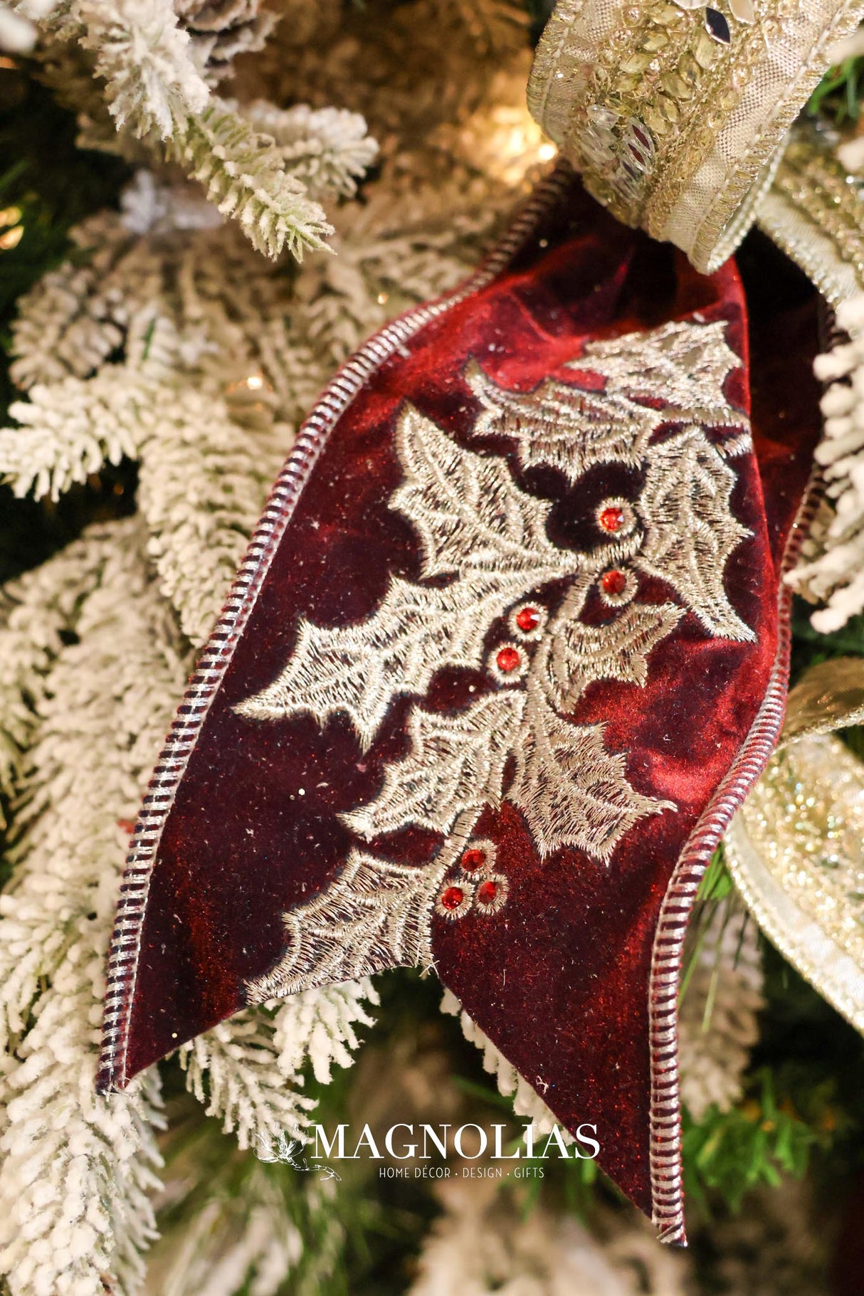 4" Holly Embroidered Cherry Velvet Ribbon Bolt
