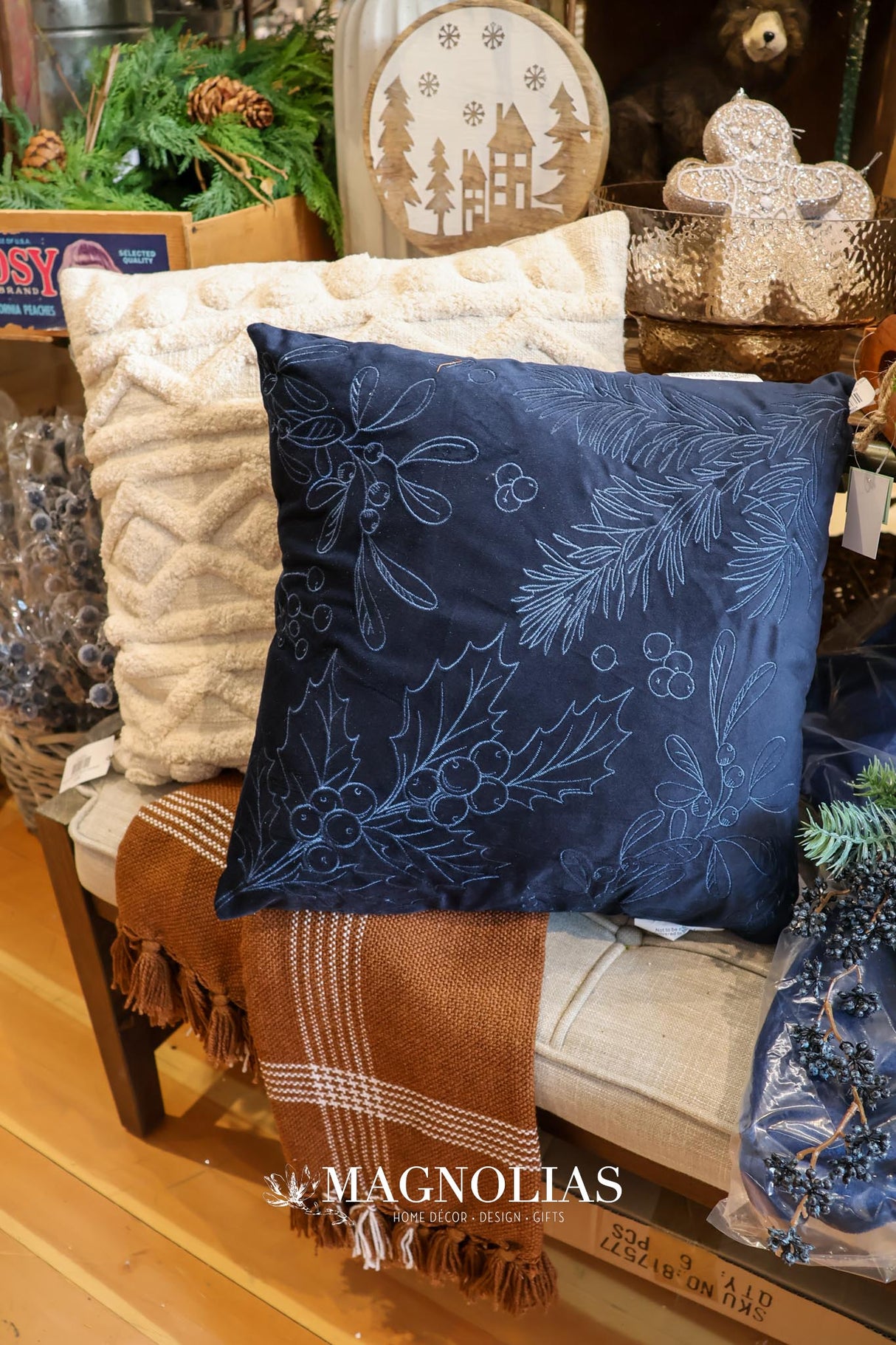 Navy Holly & Mistletoe Pillow