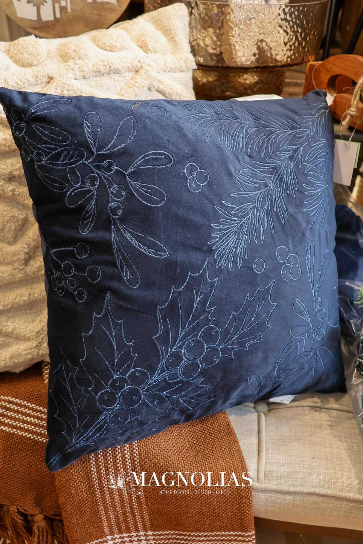 Navy Holly & Mistletoe Pillow