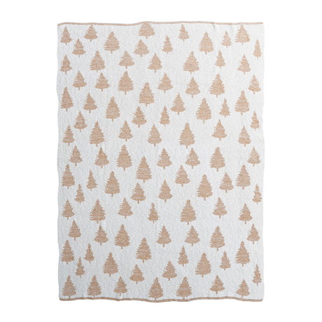 Cotton Knit Throw with Trees & Metallic Gold Thread, Cream Color