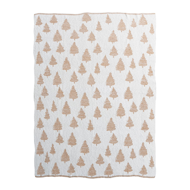 Cotton Knit Throw with Trees & Metallic Gold Thread, Cream Color