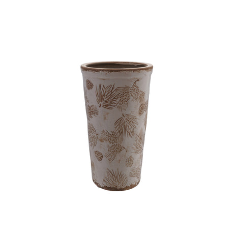 Stoneware Vase with Evergreen Boughs & Pinecones Pattern Brown & White
