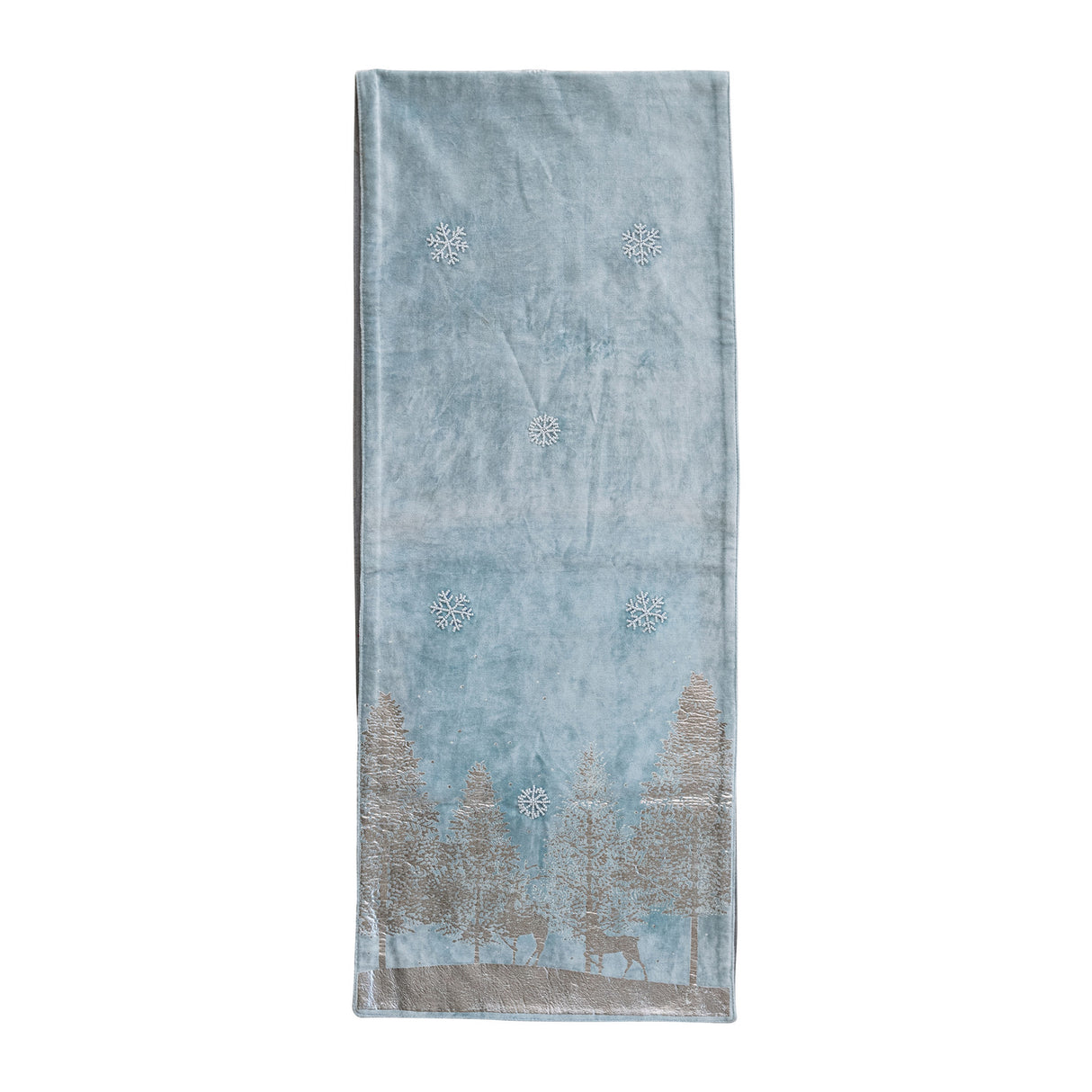 Velvet Table Runner with Silver Foil Trees & Beaded Snowflakes, Blue