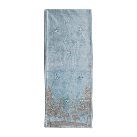 Velvet Table Runner with Silver Foil Trees & Beaded Snowflakes, Blue