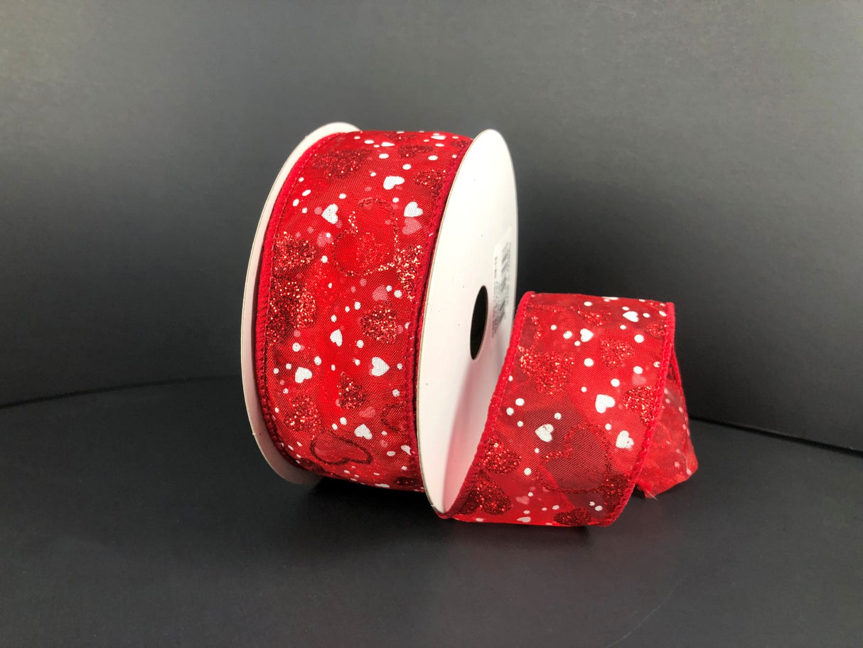 1.5" Sheer Red & White Sprinkle Hearts Ribbon Bolt