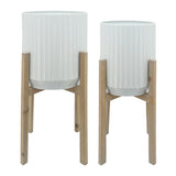 White Ridged Planters in Wood Stand- 2 Sizes