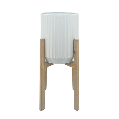 White Ridged Planters in Wood Stand- 2 Sizes