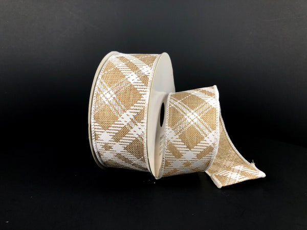 2.5 Woven Natural Gingham Ribbon, Wired Tan Cream Gingham Ribbon, Tan  Gingham Farmhouse Wired Ribbon