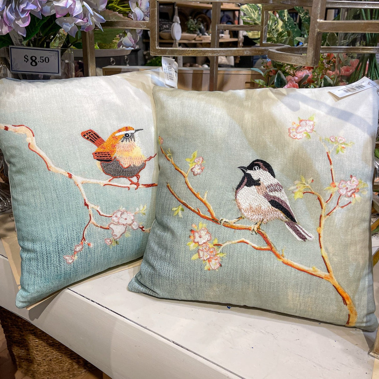 Embroidered Bird On Blossom Pillow - 2 Styles