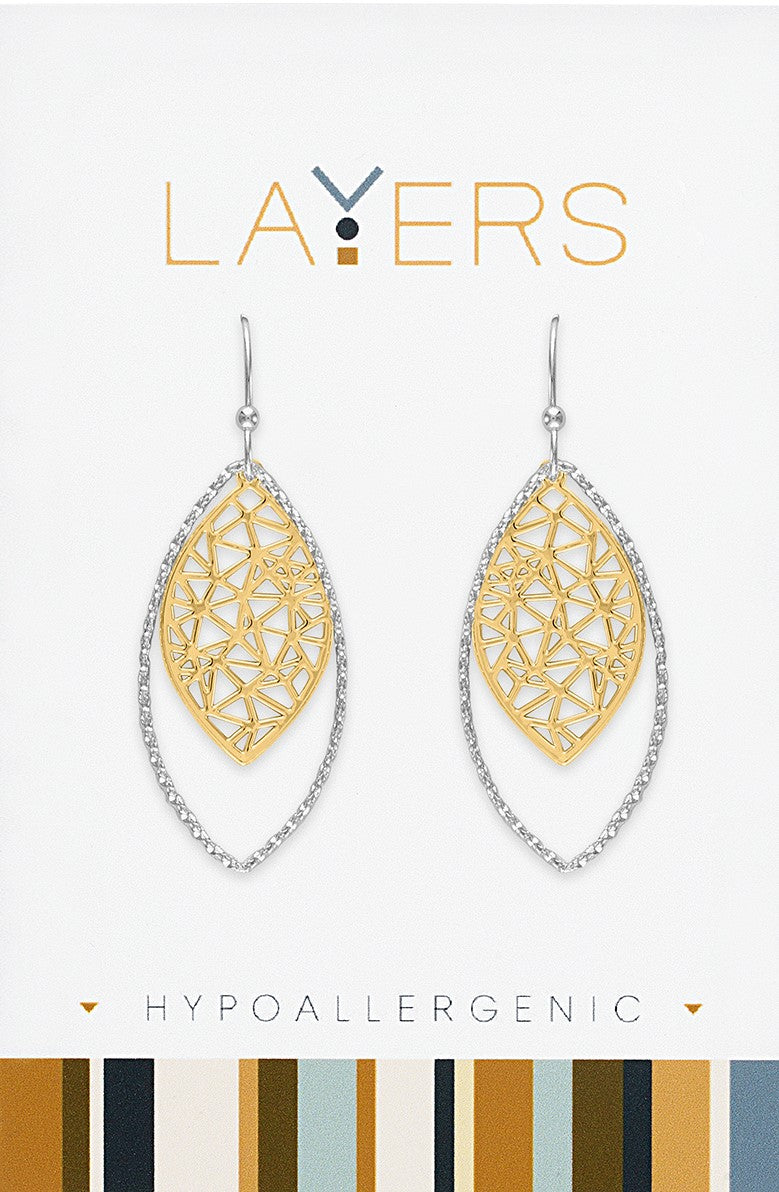 Silver Two-Toned Ribbed Geometric Leaf Dangle Earrings