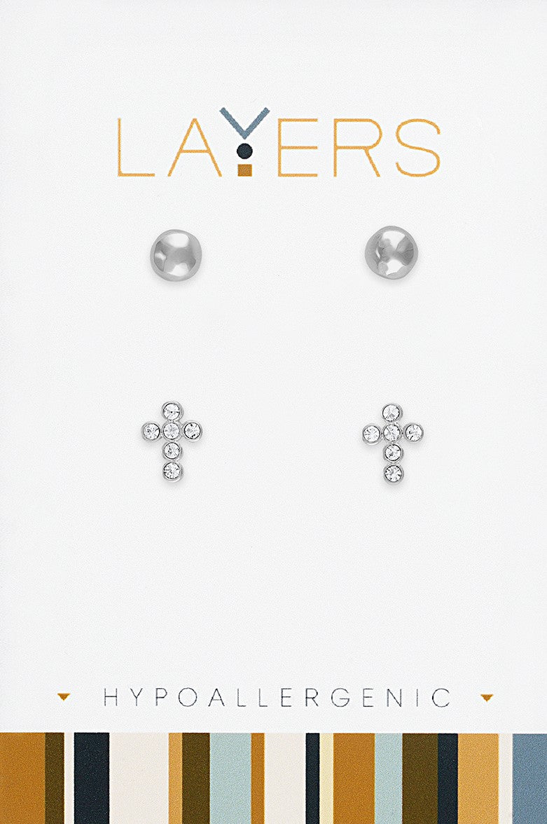 Silver Hammered Ball & CZ Cross Pair Stud Earrings