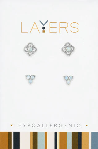 Silver Beaded Petal & Triple Opal Duo Pair Stud Earrings