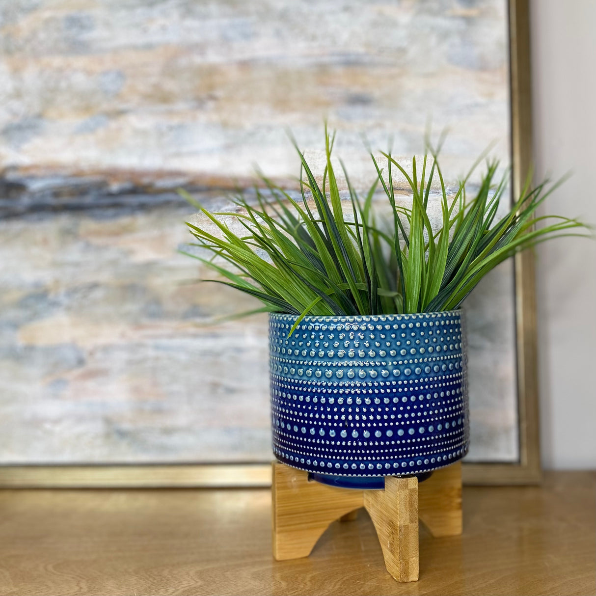 Blue Dotted Planter with Wood Stand